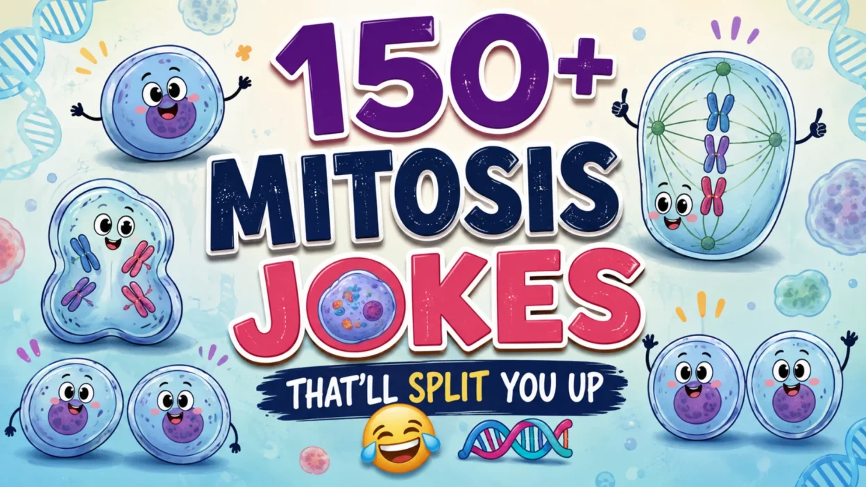 150+ Mitosis jokes banner featuring cute cartoon cells dividing with DNA and funny science illustrations