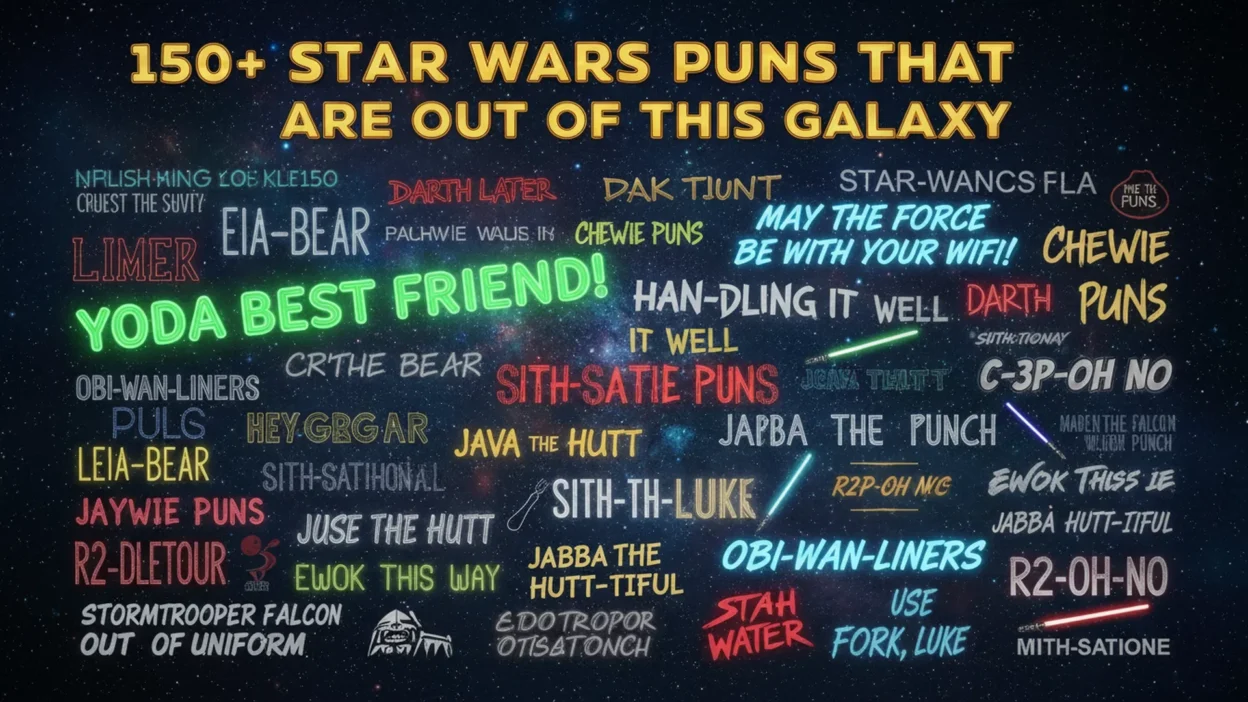 A cinematic 1920x1080 poster titled '150+ Star Wars Puns That Are Out of This Galaxy' featuring a vibrant deep-space nebula background with a dense collection of glowing Star Wars-themed puns.