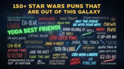 A cinematic 1920x1080 poster titled '150+ Star Wars Puns That Are Out of This Galaxy' featuring a vibrant deep-space nebula background with a dense collection of glowing Star Wars-themed puns.