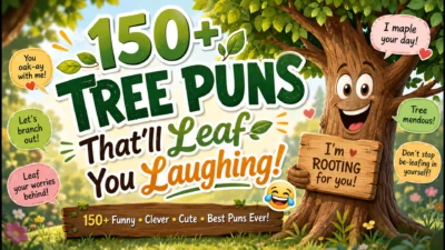 Funny tree puns illustration featuring a smiling cartoon tree with leafy jokes and playful nature-themed humor.