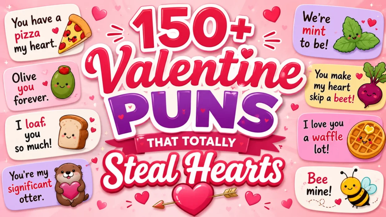 150+ Valentine puns with colorful hearts, cute love-themed illustrations, and funny romantic wordplay for Valentine's Day.