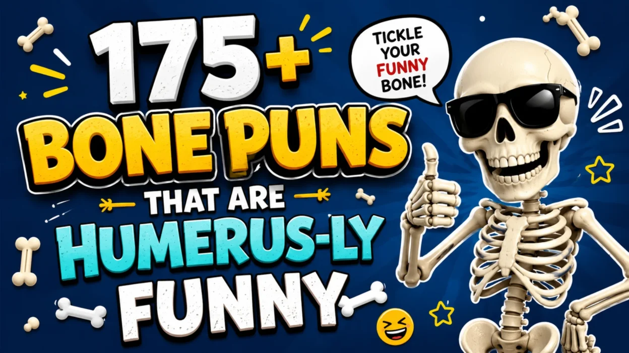 Smiling cartoon skeleton wearing sunglasses with the text "175+ Bone Puns That Are Humerus-ly Funny" surrounded by cartoon bones on a blue background.