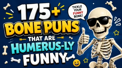 Smiling cartoon skeleton wearing sunglasses with the text "175+ Bone Puns That Are Humerus-ly Funny" surrounded by cartoon bones on a blue background.