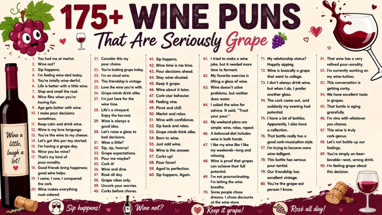 175+ wine puns that are seriously grape, featuring funny wine jokes, clever captions, grapes, wine bottles, and glasses