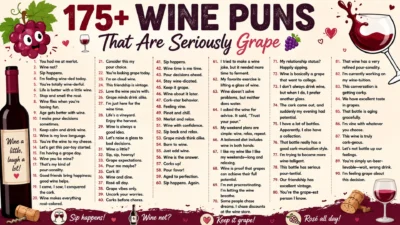 175+ wine puns that are seriously grape, featuring funny wine jokes, clever captions, grapes, wine bottles, and glasses