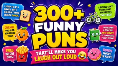Colorful cartoon-style featured image with the text "300+ Funny Puns That'll Make You Laugh Out Loud" surrounded by funny food characters, emojis, and playful wordplay illustrations.