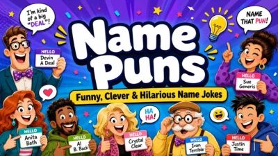 Colorful cartoon graphic featuring a cheerful group of characters holding humorous name tags around the bold title “Name Puns,” with the subtitle “Funny, Clever & Hilarious Name Jokes.”