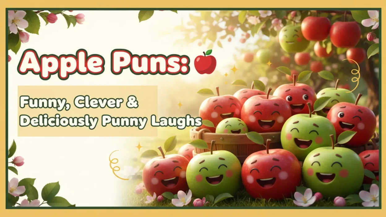 Colorful smiling red and green apples in a sunny orchard with blossoms, leaves, and the text “Apple Puns: Funny, Clever & Deliciously Punny Laughs.”