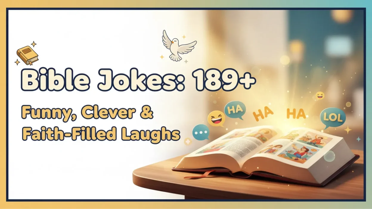 Bible Jokes: 189+ Funny, Clever & Faith-Filled Laughs graphic featuring an open Bible on a wooden table, warm golden light, a dove, sparkles, and colorful laughter symbols.