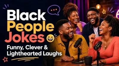 Black friends laughing together during a fun podcast conversation, with bold text reading “Black People Jokes: Funny, Clever & Lighthearted Laughs.”