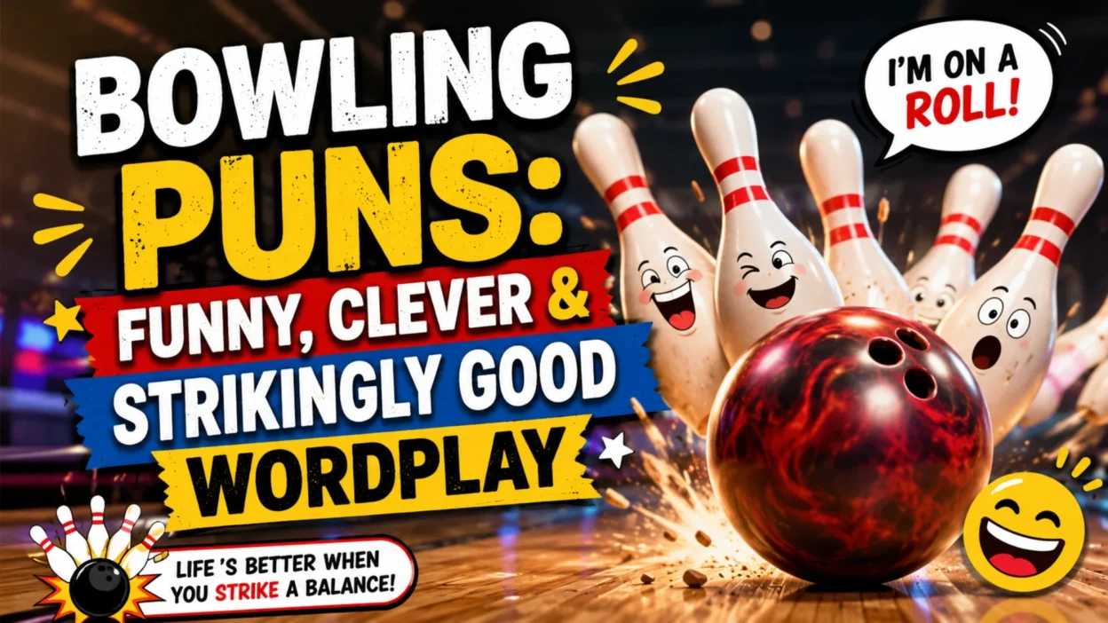 Bowling puns with funny bowling pins and a bowling ball on a colorful bowling alley background
