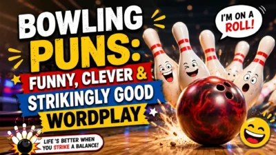 Bowling puns with funny bowling pins and a bowling ball on a colorful bowling alley background