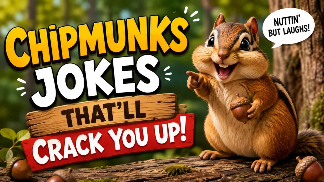 Funny chipmunk holding an acorn with the text "Chipmunks Jokes That'll Crack You Up" in a colorful forest-themed cartoon illustration.