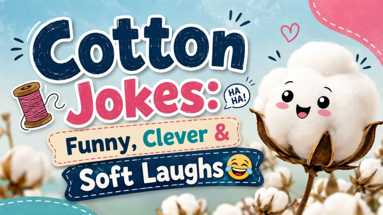 Cotton jokes featuring a funny cartoon cotton boll, thread spool, and soft laughs