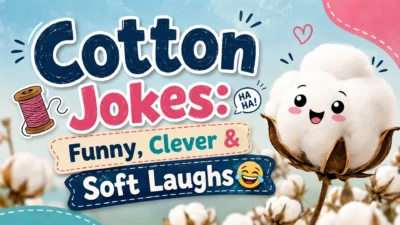 Cotton jokes featuring a funny cartoon cotton boll, thread spool, and soft laughs