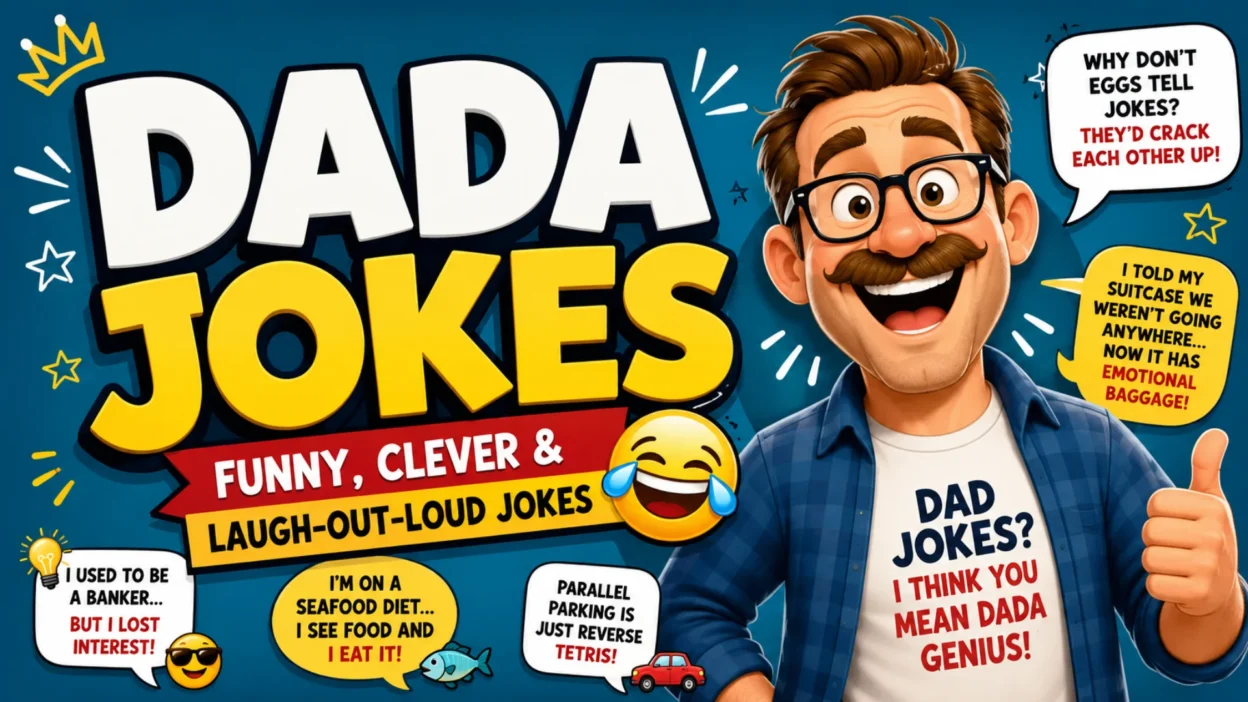 Dada jokes featuring a funny cartoon dad, playful speech bubbles, and laugh-out-loud humor