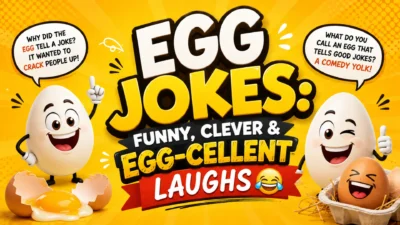 Funny egg jokes with cheerful cartoon eggs and cracking humor