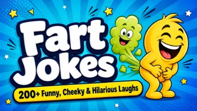 Colorful cartoon graphic featuring a laughing yellow character and a cheerful green gas cloud beside the bold title “Fart Jokes,” with the subtitle “200+ Funny, Cheeky & Hilarious Laughs.”