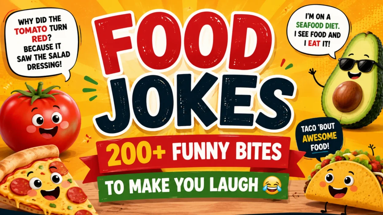 Food jokes featuring funny cartoon foods and 200+ hilarious bites to make you laugh