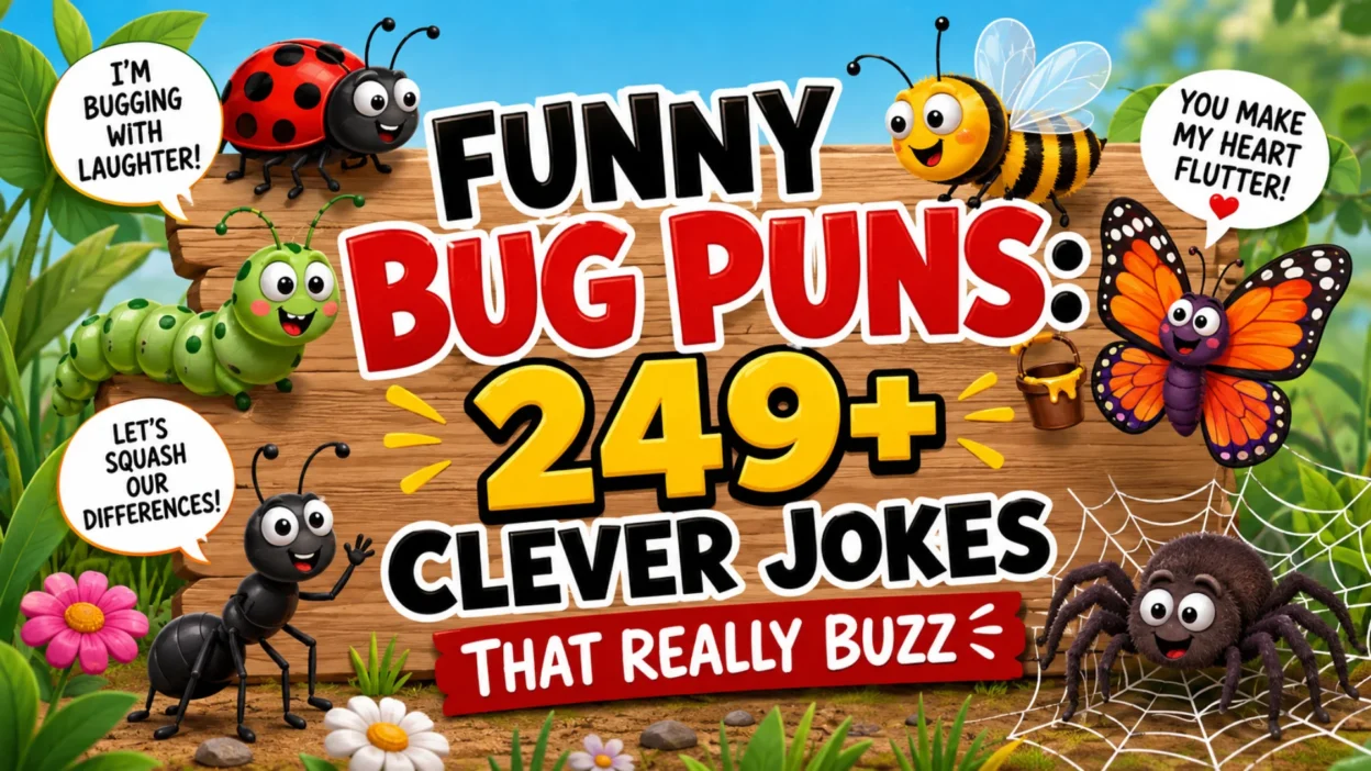 Funny bug puns featuring colorful cartoon insects and 249+ clever jokes