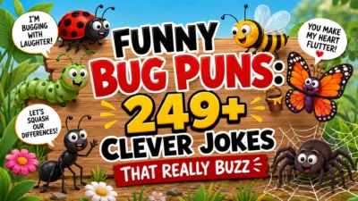 Funny bug puns featuring colorful cartoon insects and 249+ clever jokes