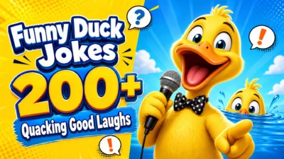 Colorful cartoon thumbnail featuring a laughing yellow duck in a bow tie holding a microphone, with a second duck popping out of a blue pond. Bold text reads “Funny Duck Jokes,” “200+,” and “Quacking Good Laughs.”