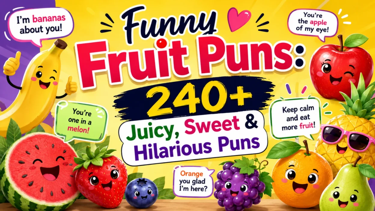 Funny fruit puns with colorful cartoon fruits and hilarious jokes