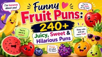 Funny fruit puns with colorful cartoon fruits and hilarious jokes