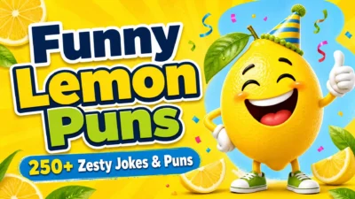 A cheerful cartoon lemon wearing a party hat beside bright lemon slices on a sunny yellow background, with the text “Funny Lemon Puns: 250+ Zesty Jokes & Puns.”