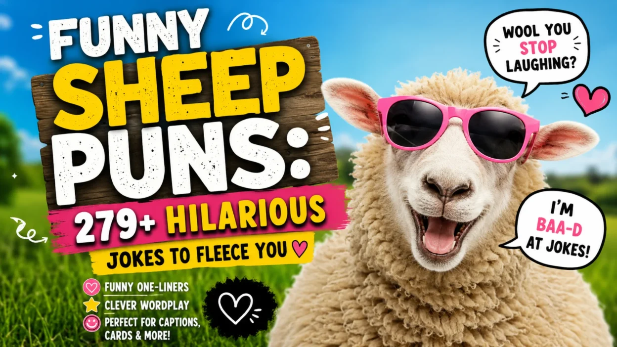 Funny sheep puns with a smiling sheep wearing pink sunglasses and humorous joke text