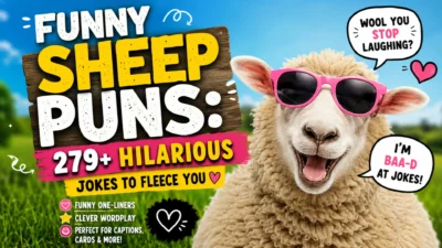 Funny sheep puns with a smiling sheep wearing pink sunglasses and humorous joke text