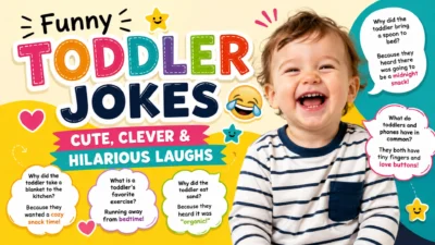 Funny toddler jokes with a happy laughing toddler and playful joke speech bubbles
