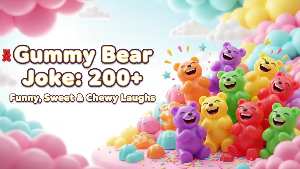 Colorful gummy bears laughing together in a bright candy-themed scene with clouds, sprinkles, and the text “Gummy Bear Joke: 200+ Funny, Sweet & Chewy Laughs.”