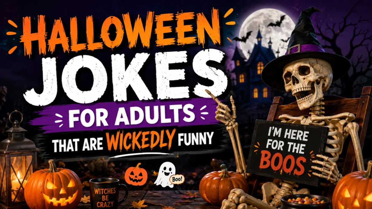 Halloween jokes for adults that are wickedly funny with spooky skeleton and pumpkins