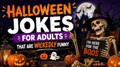 Halloween jokes for adults that are wickedly funny with spooky skeleton and pumpkins