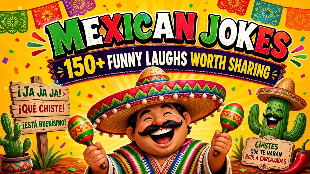 A vibrant and festive banner for "Mexican Jokes" featuring a happy man in a colorful sombrero holding maracas, a laughing cactus, and celebratory Spanish text on wooden signs.