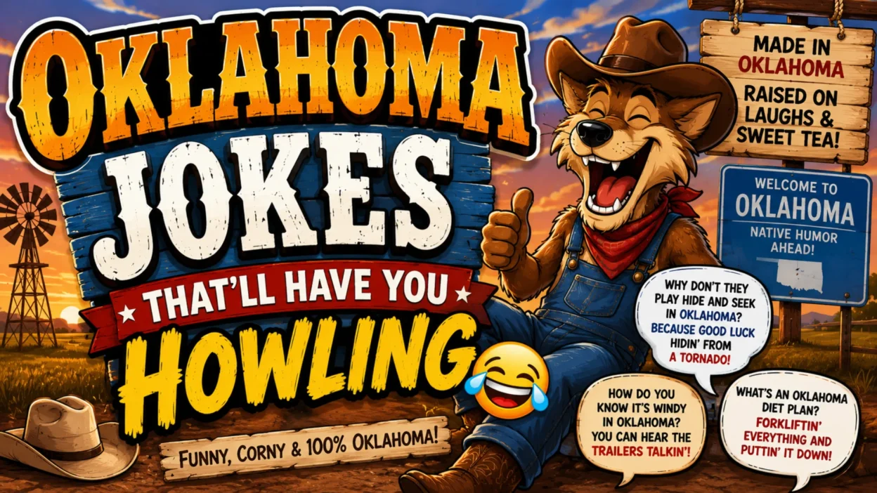 Oklahoma jokes cartoon with cowboy hat, howling coyote, and funny Oklahoma humor