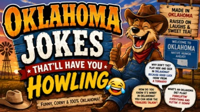 Oklahoma jokes cartoon with cowboy hat, howling coyote, and funny Oklahoma humor