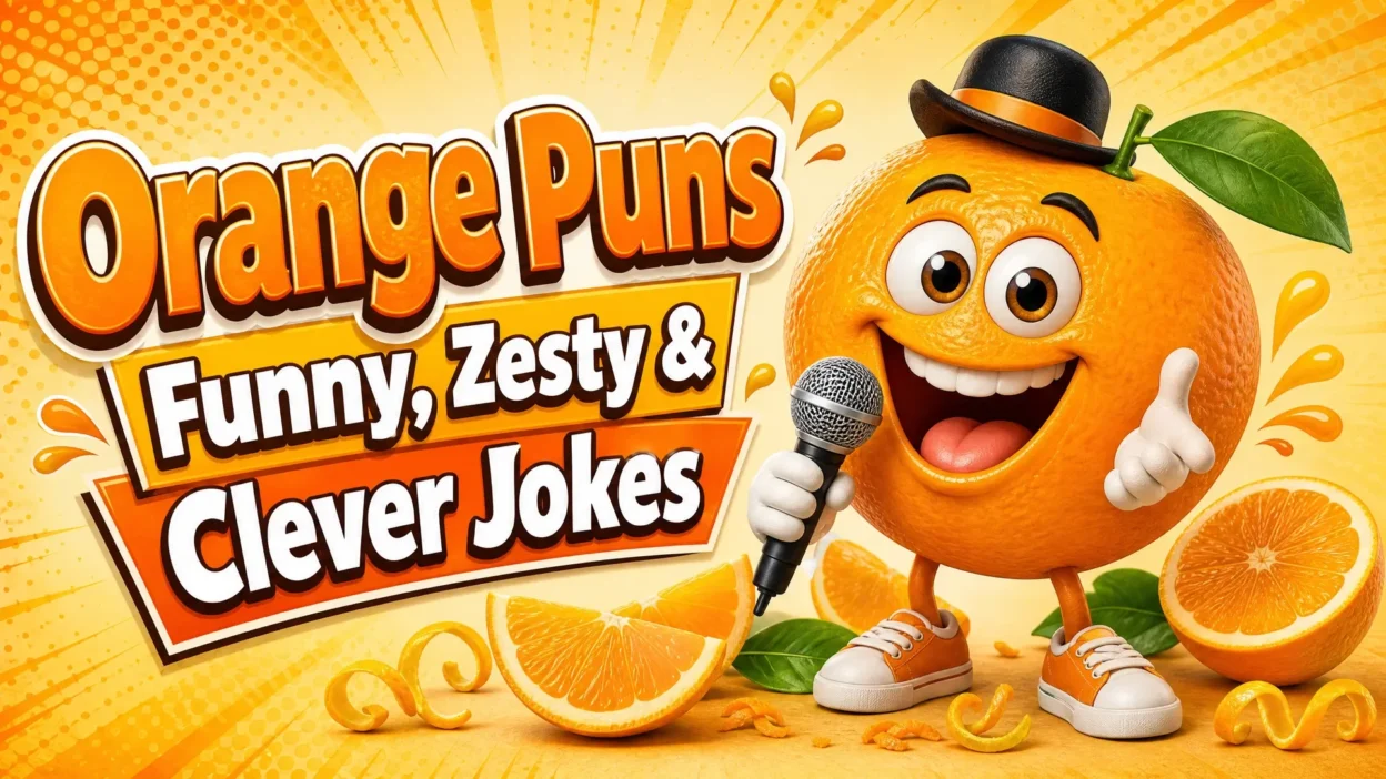 A bright cartoon thumbnail showing a smiling orange wearing a black bowler hat, holding a microphone, and giving a thumbs-up. Orange slices, leaves, and citrus peels surround the character. Bold text reads “Orange Puns,” “Funny, Zesty &,” and “Clever Jokes.”