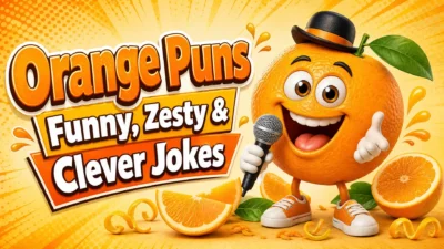 A bright cartoon thumbnail showing a smiling orange wearing a black bowler hat, holding a microphone, and giving a thumbs-up. Orange slices, leaves, and citrus peels surround the character. Bold text reads “Orange Puns,” “Funny, Zesty &,” and “Clever Jokes.”