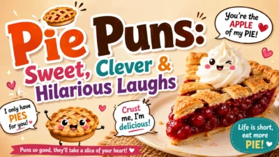 Pie puns with a funny cartoon pie, clever dessert jokes, and playful captions