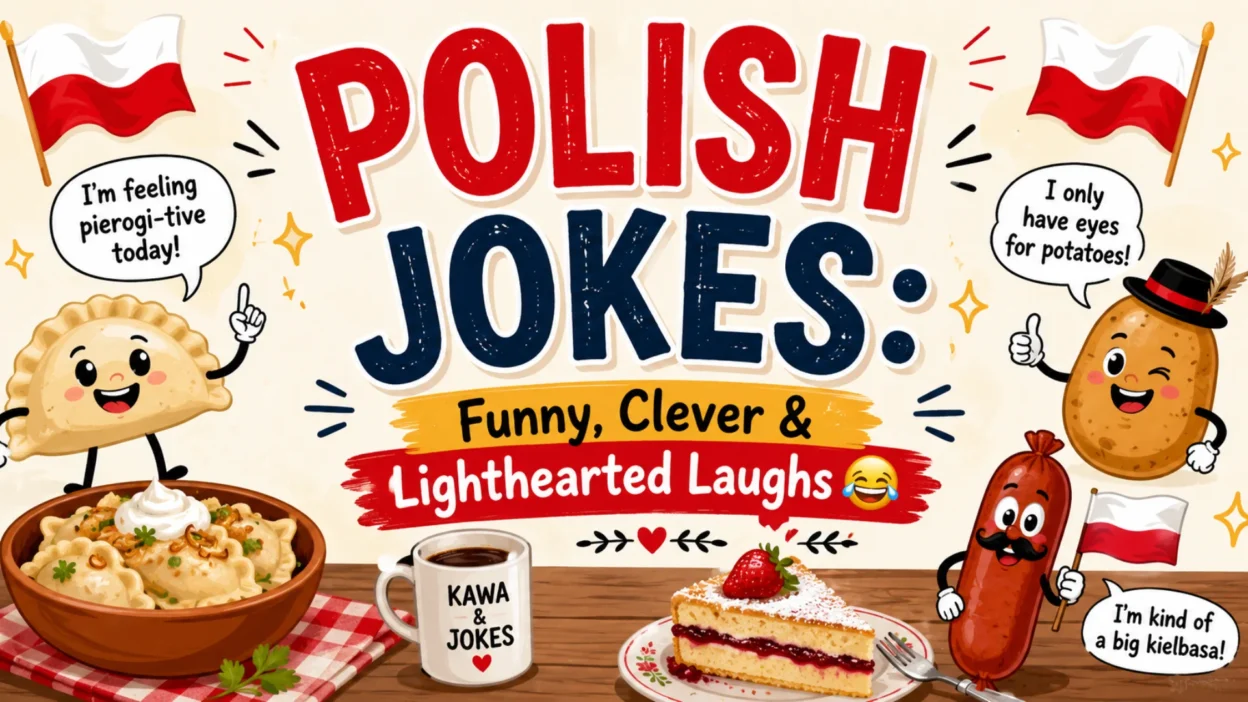 Polish jokes with funny pierogi, potato, and kielbasa characters