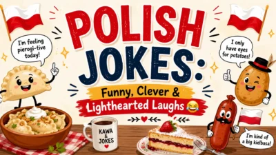 Polish jokes with funny pierogi, potato, and kielbasa characters