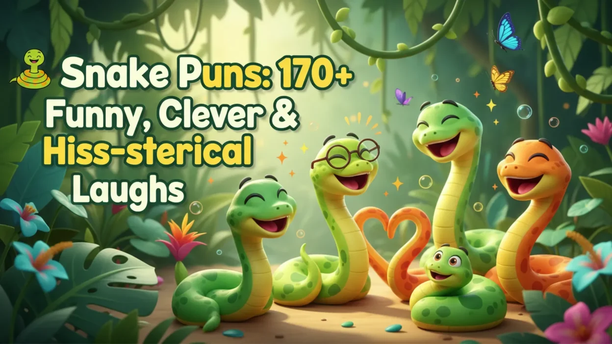 Cheerful cartoon snakes laughing in a colorful tropical jungle with butterflies, flowers, vines, and the text “Snake Puns: 170+ Funny, Clever & Hiss-terical Laughs.”