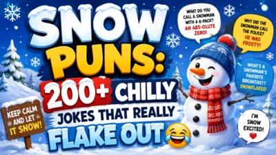 Snow puns featuring a cheerful snowman, snowy landscape, and funny chilly jokes