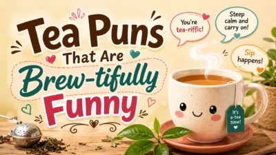 Tea puns that are brew-tifully funny with a cute teacup and playful tea jokes