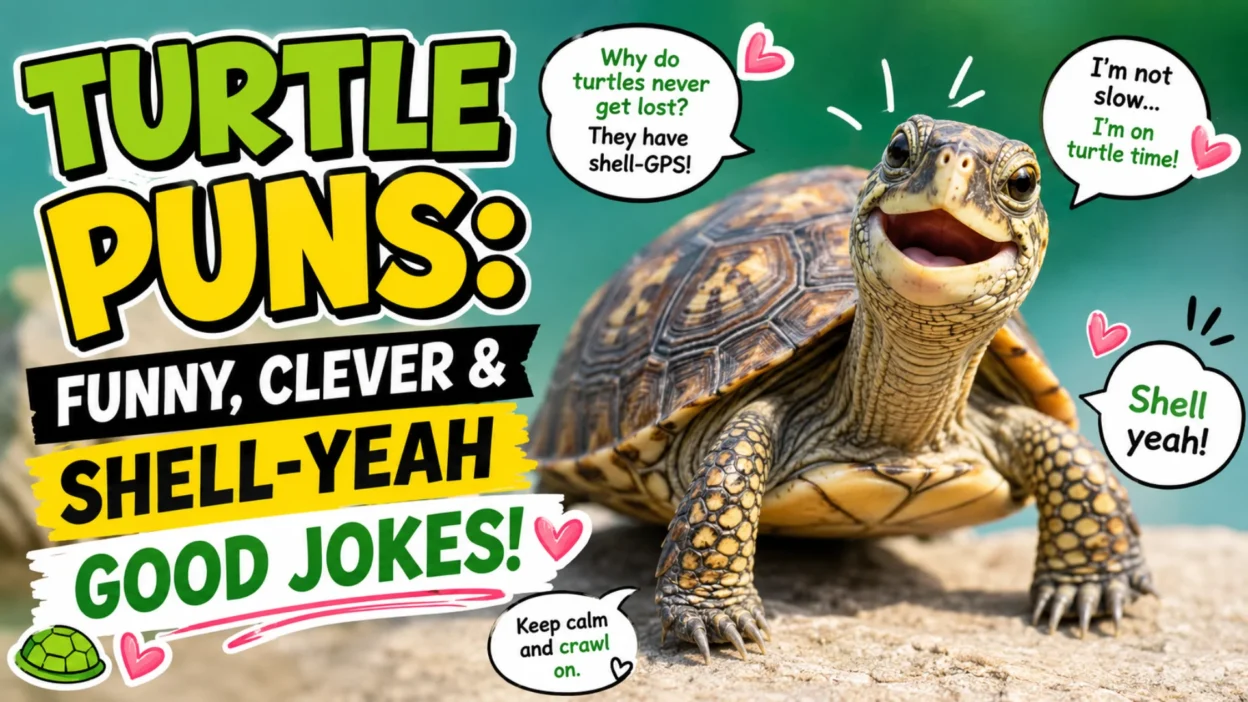 Funny turtle puns with a cute turtle and playful shell-themed jokes