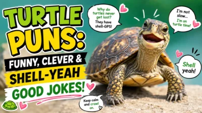 Funny turtle puns with a cute turtle and playful shell-themed jokes