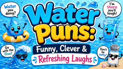 Water puns funny clever and refreshing laughs cartoon graphic with playful water characters
