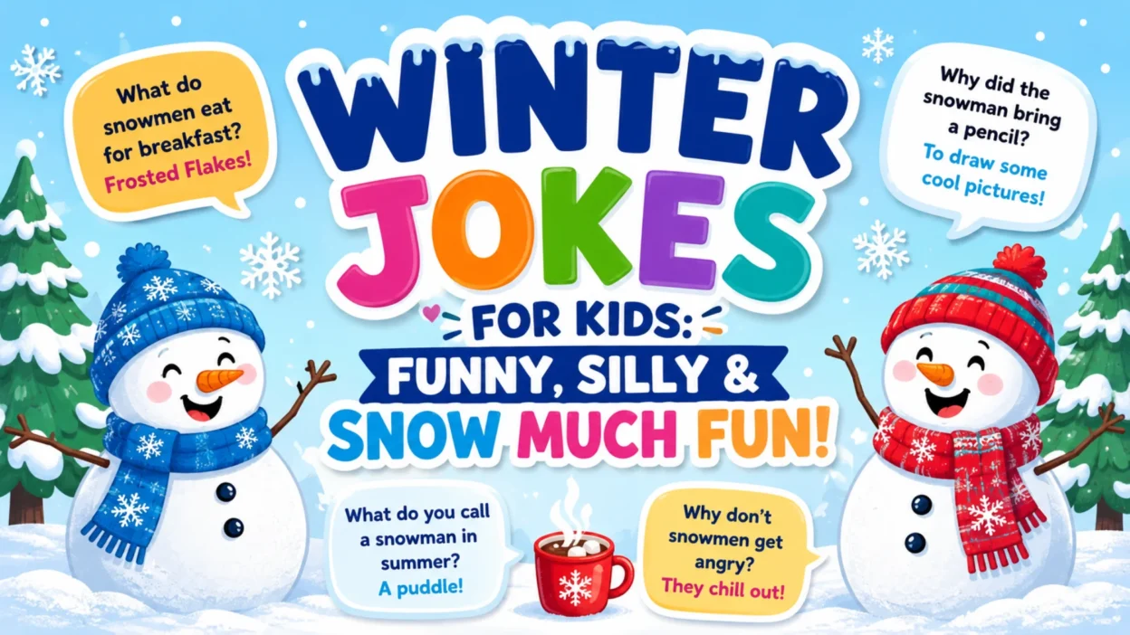 Winter jokes for kids with cheerful snowmen, snowflakes, and funny winter-themed joke bubbles